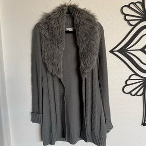 RXB Grey Women’s Cardigan Sweater Removable Faux Fur Collar - Medium